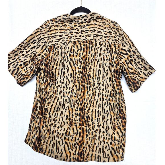 Vintage Cezar 100% Raw Silk Leopard Large Button-Up Short Sleeve Collar Blouse - Picture 2 of 5